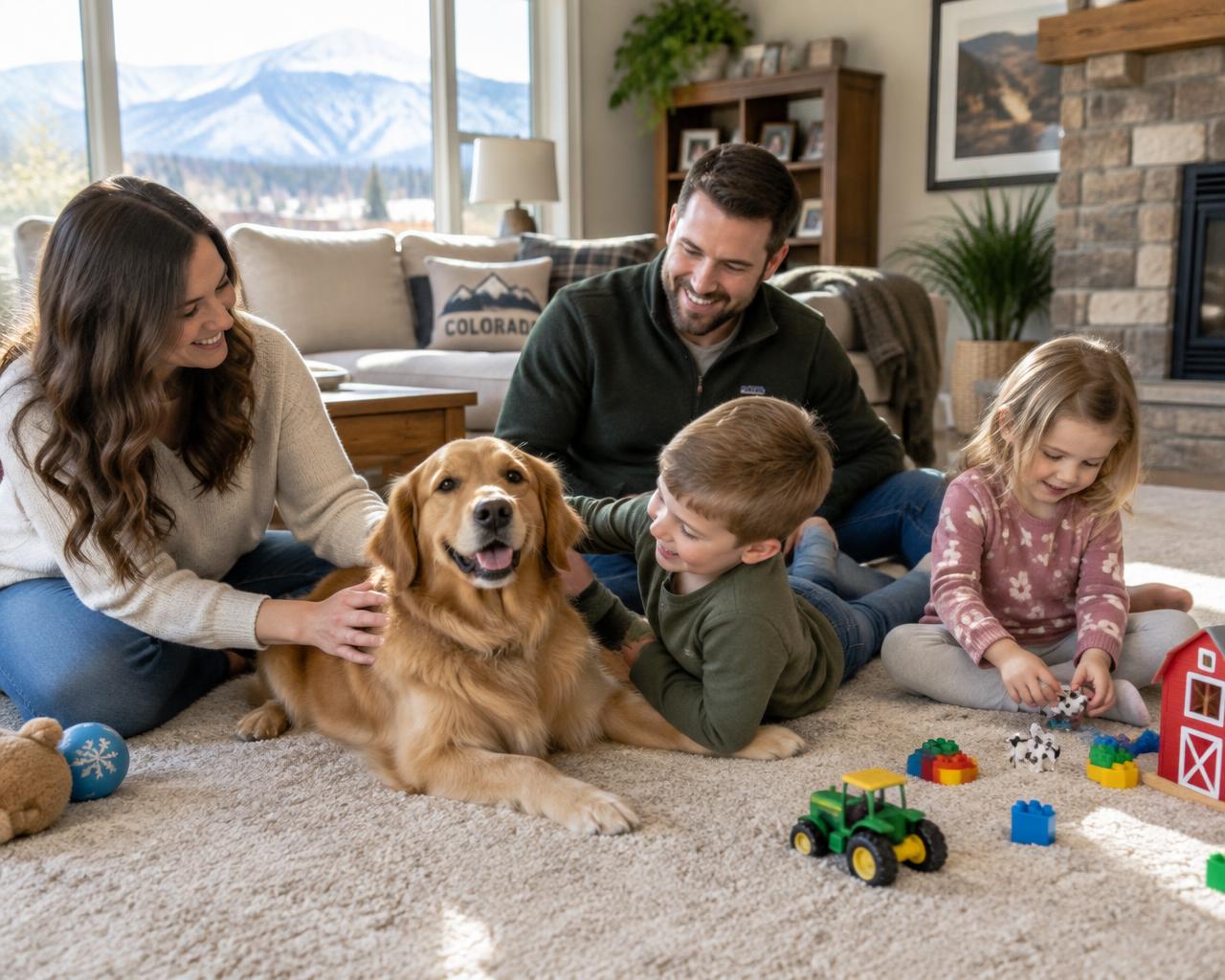 Colorado family with kids and their dog relaxing on freshly cleaned carpet